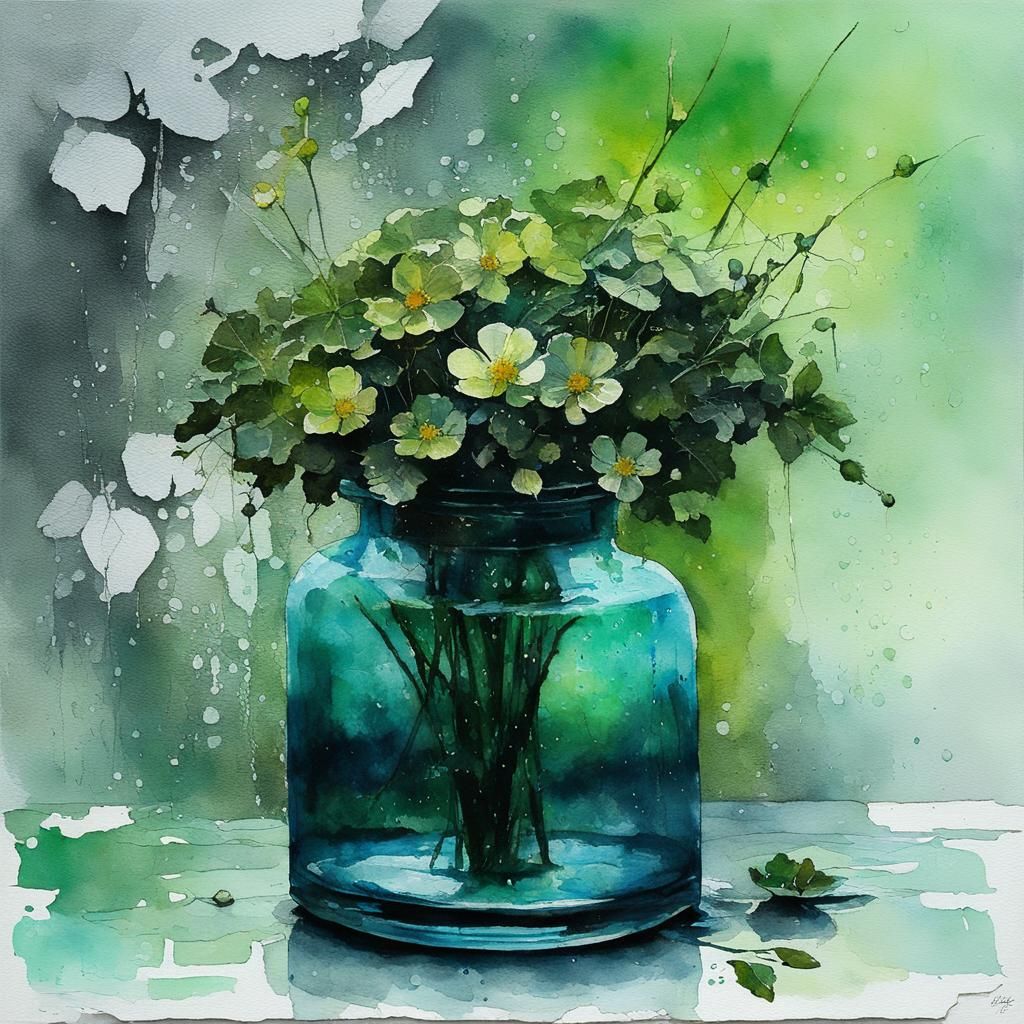 Intricate Green Flower and Bottle, Watercolor Chiaroscuro