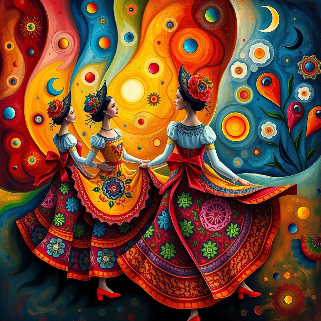 Whimsical Folk Dancers in Dreamlike World
