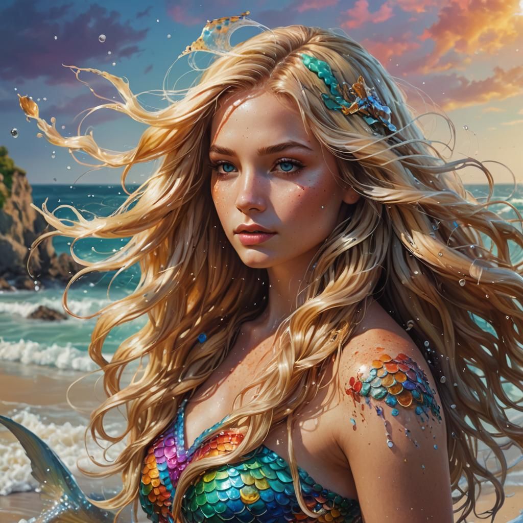 Blonde Mermaid on Beach in Hyperrealistic Style