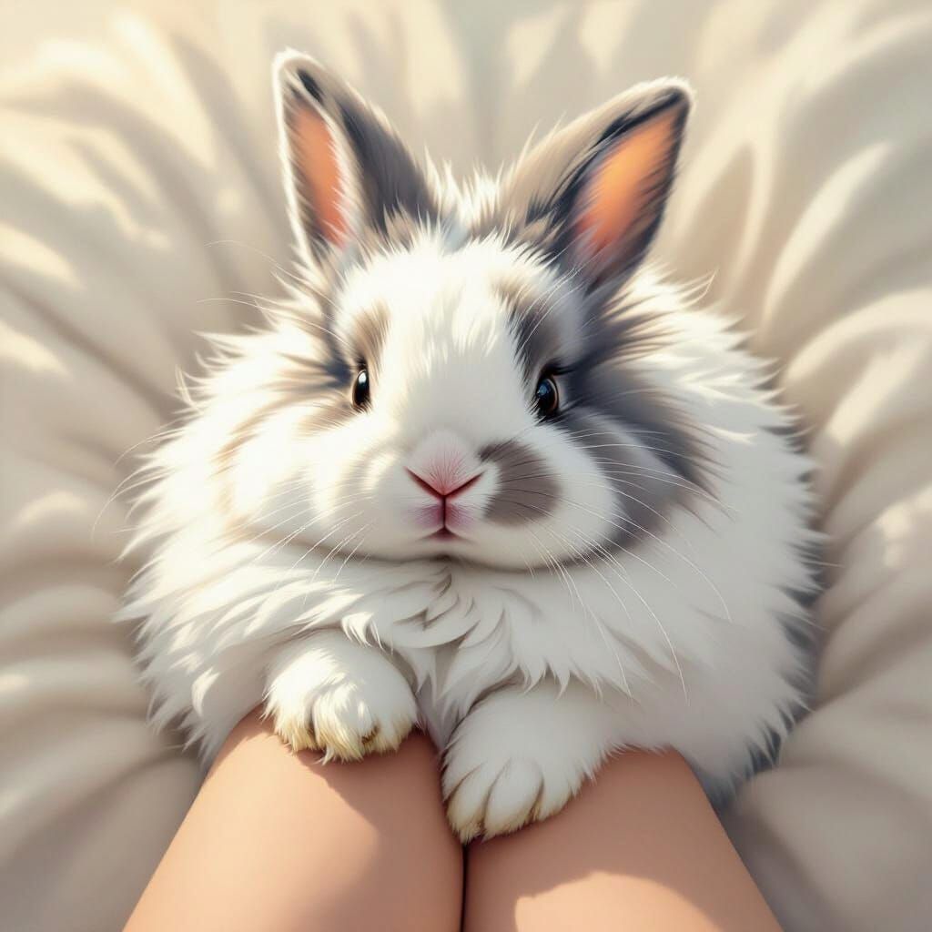 Fluffy Grey and White Rabbit on Leg in Digital Painting Styl...