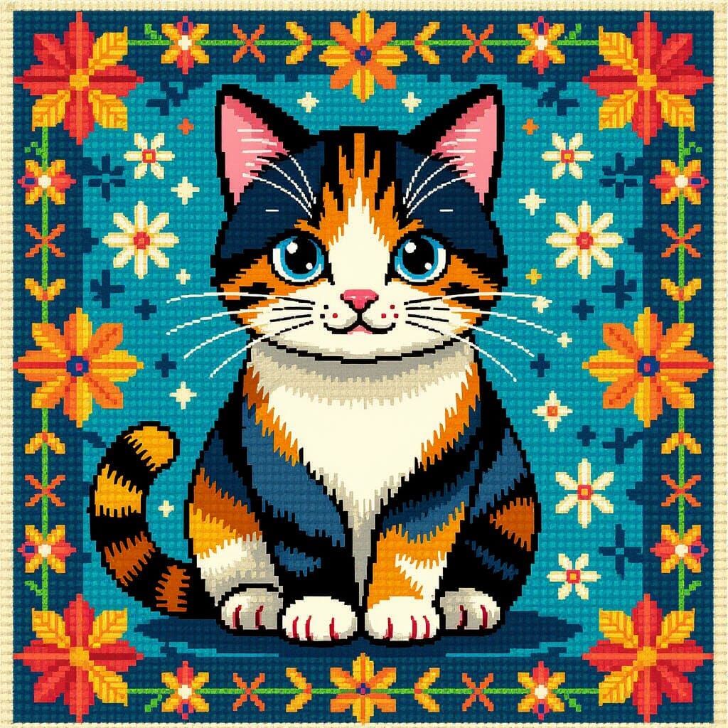 Calico Cat in Cross-Stitch Embroidery Style