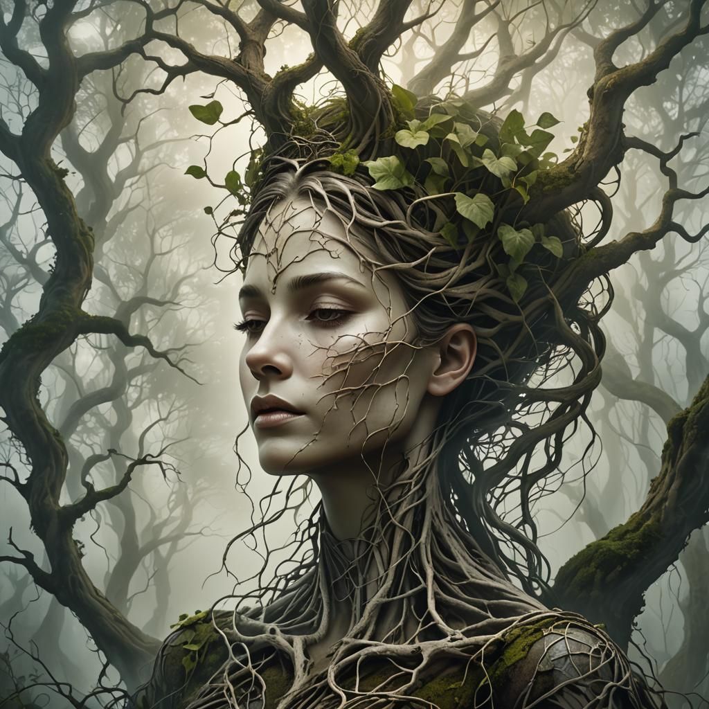 Surreal Woman Merges with Earth in Grayscale