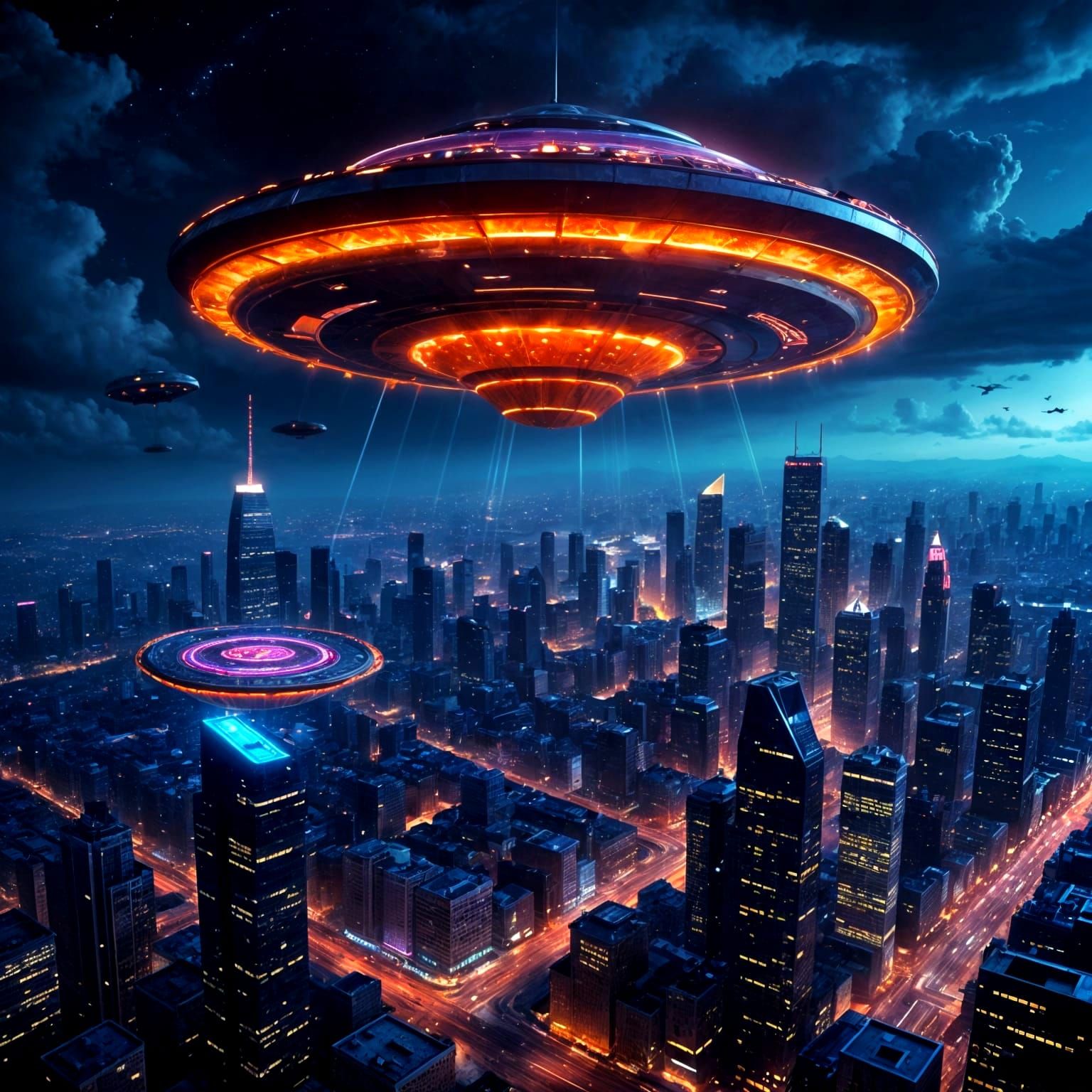 Pizza UFO Over Futuristic Megacity at Night