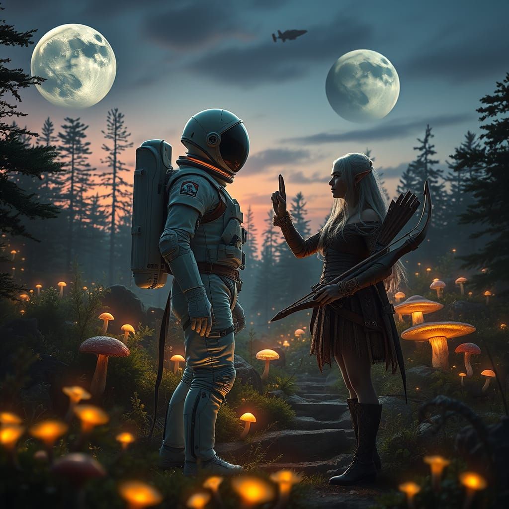 Astronaut Meets Enchanted Elf in Glowing Otherworldly Forest