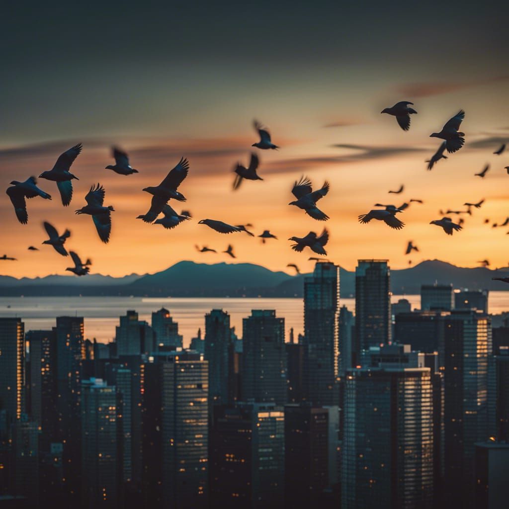 Crows Fly Over Vancouver at Sunset