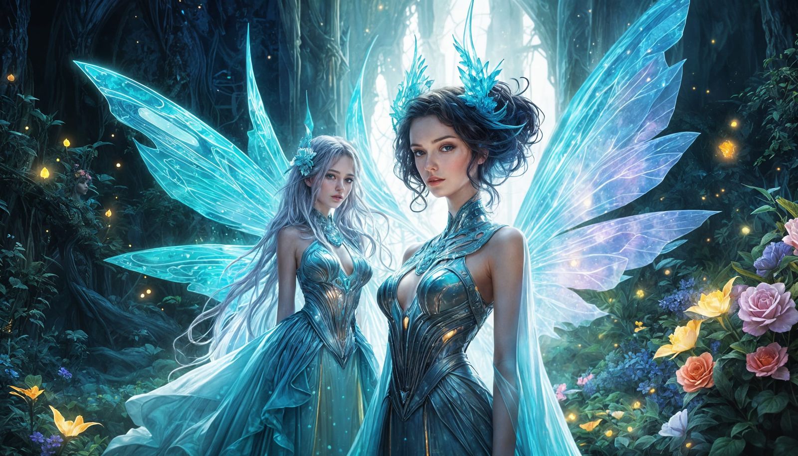 Biomechanical Queen in Bioluminescent Grotto: Digital Art