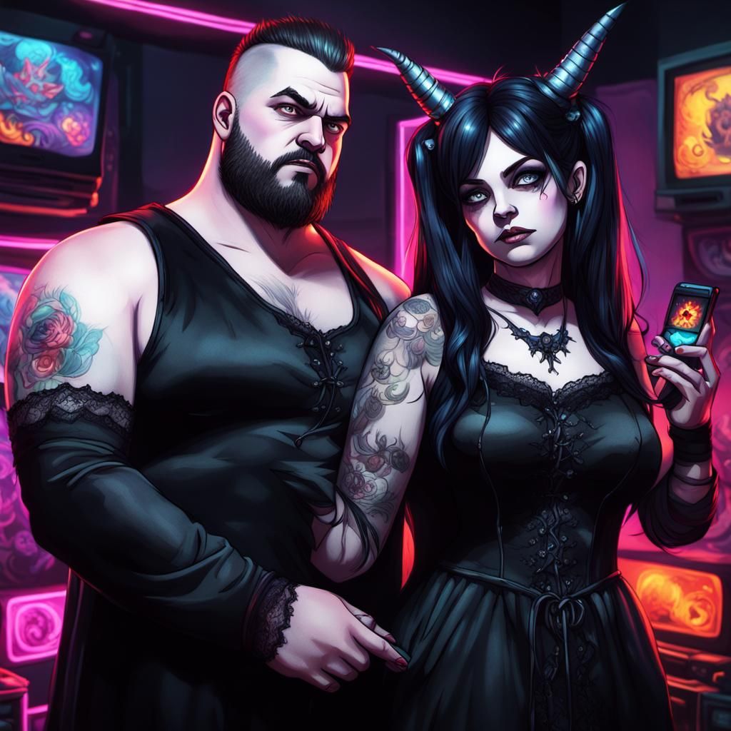 Goth Couple Gaming in Neon Light