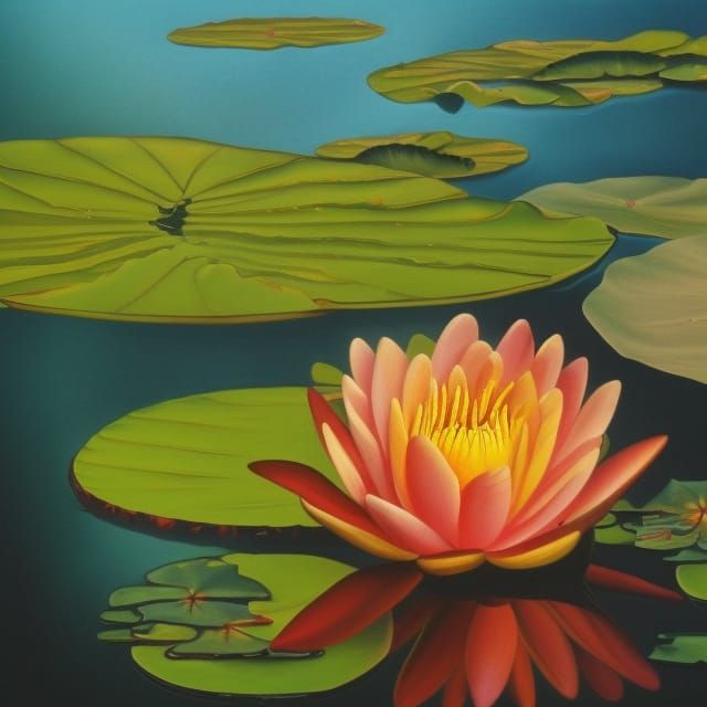 Giant Water Lily with Rainbow Frog, Surreal Oil Painting