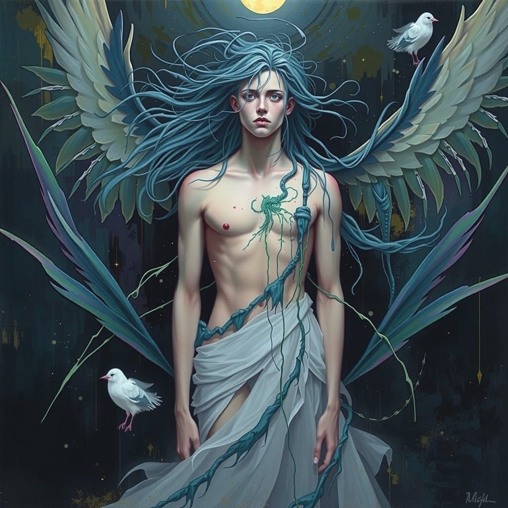 Melancholic Angel with Wild Neon Blue Hair and Iridescent Gr...