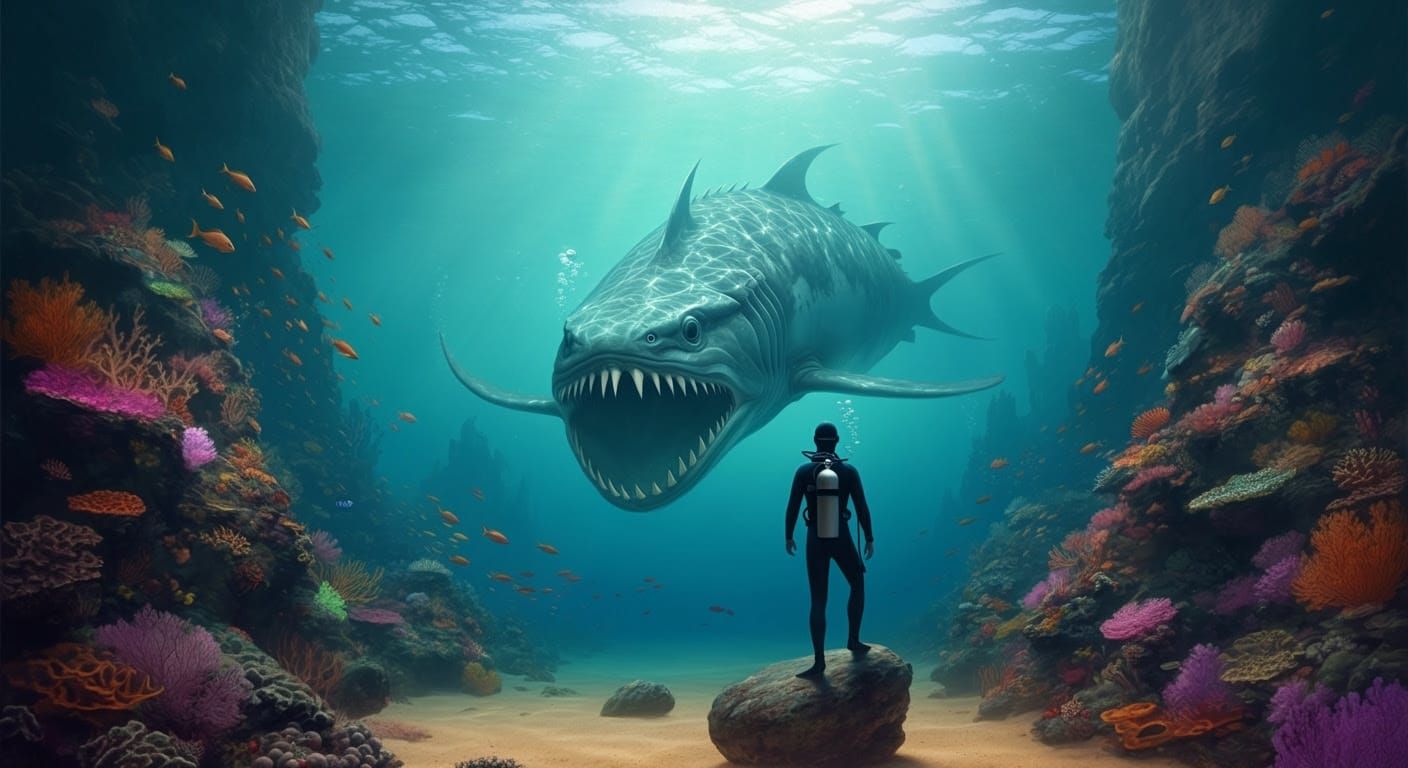 Diver Meets Leviathan in Underwater Fantasy Landscape