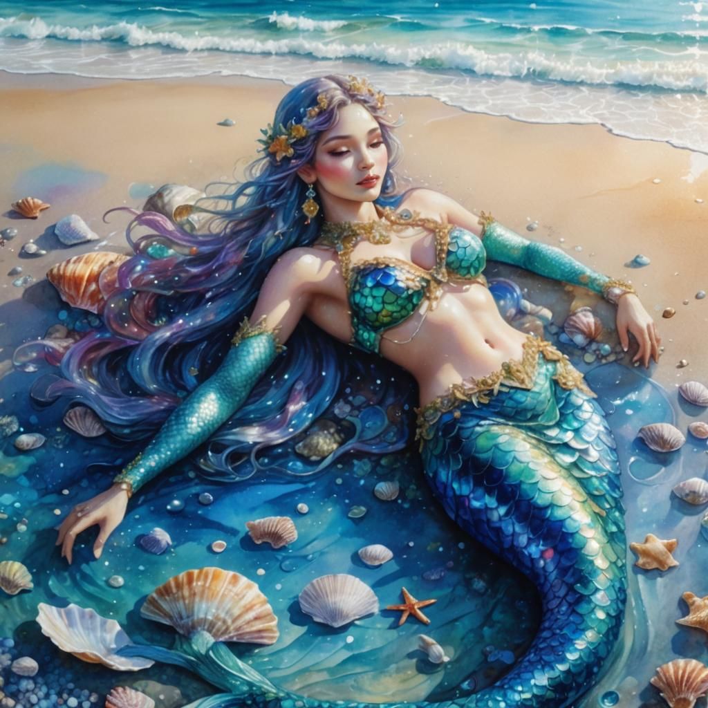 Glittering Mermaid on Sunny Beach, Watercolor Art