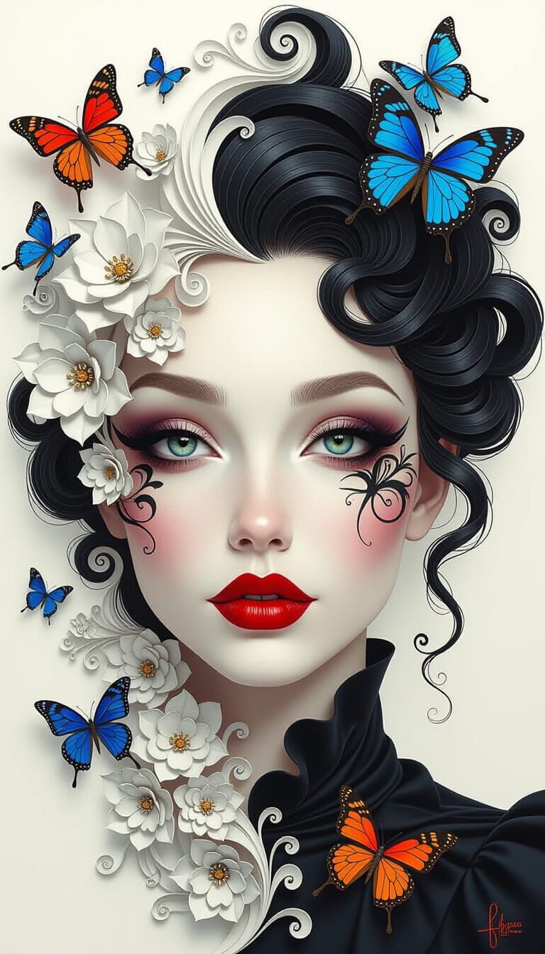 Surreal Female Portrait with Fractal Patterns and Butterflie...