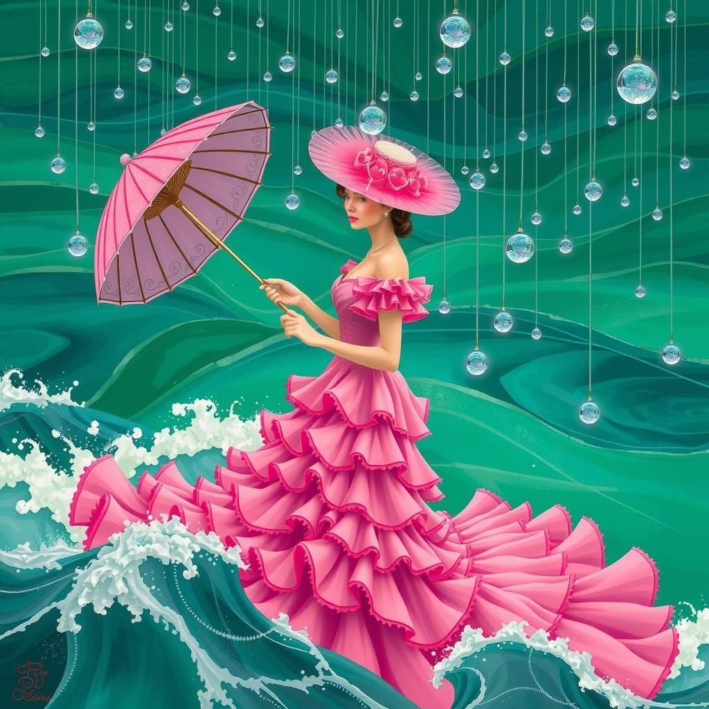 Lady in Pink Dress Stands in Green Ocean