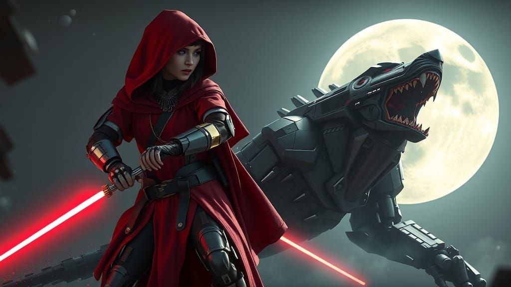 Red Riding Hood Battles Cyborg Wolf in Cyberpunk Style