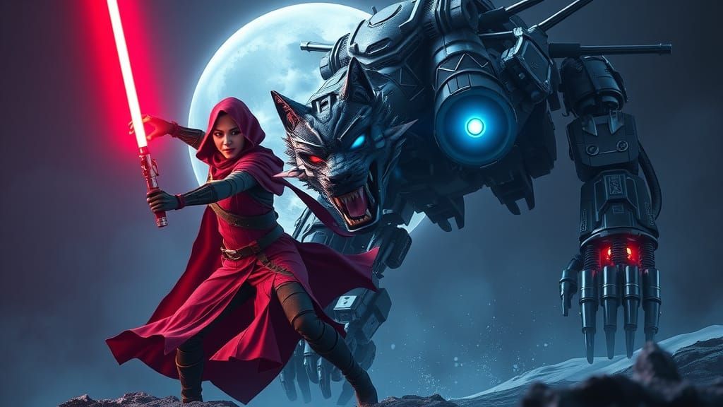 Futuristic Red Riding Hood Battles Cyborg Wolf