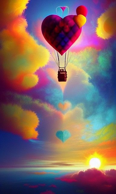 Heart-Shaped Sun with Colorful Hot-Air Balloons