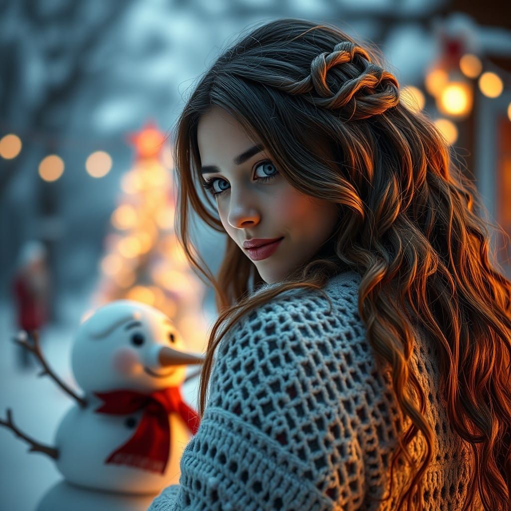 Ethereal Woman Creates a Snowman in Evening Glow