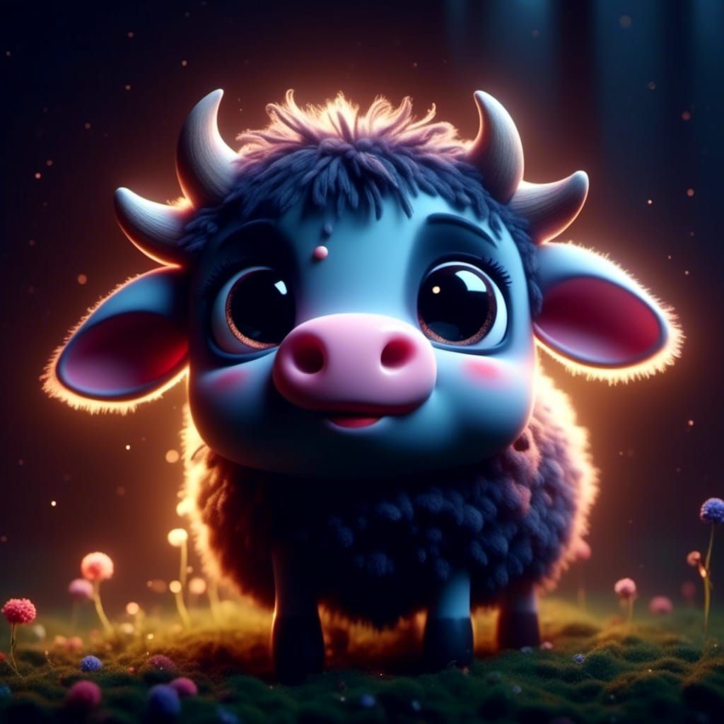 Adorable Anthropomorphic Cow in Moonlight