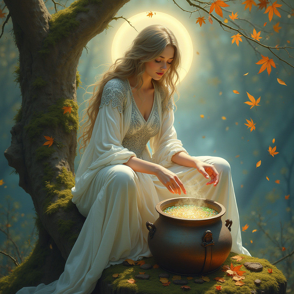 Enchantress Stirring Cauldron in Whimsical Forest
