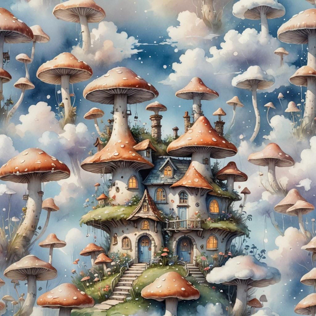 Dreamy Mushroom House in Watercolor Style