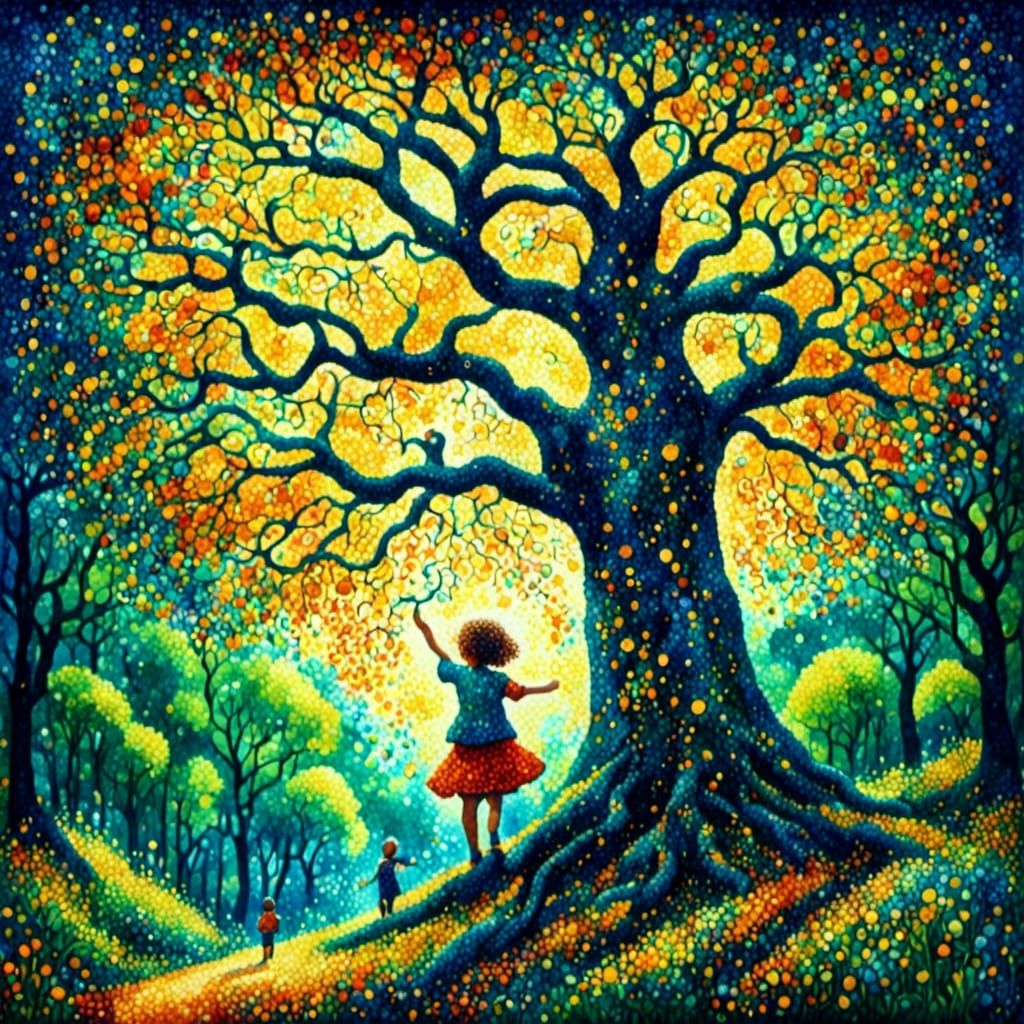 <lora:ColorfulPointiXL:1.0> <lora:WaterPointXL:1.0> <lora:DarkPointillismXL:1.0> Watercolor pointillism of a little girl...