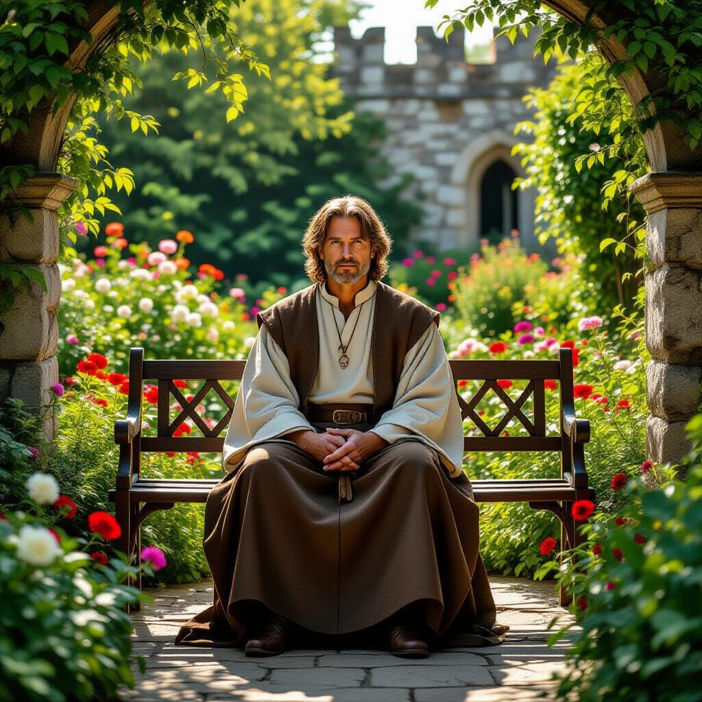 Cleric in Castle Garden, Realistic Photography