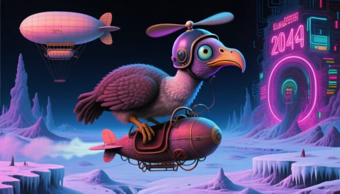 Extraterrestrial Dodo Rides Zeppelin Over Alien Landscape