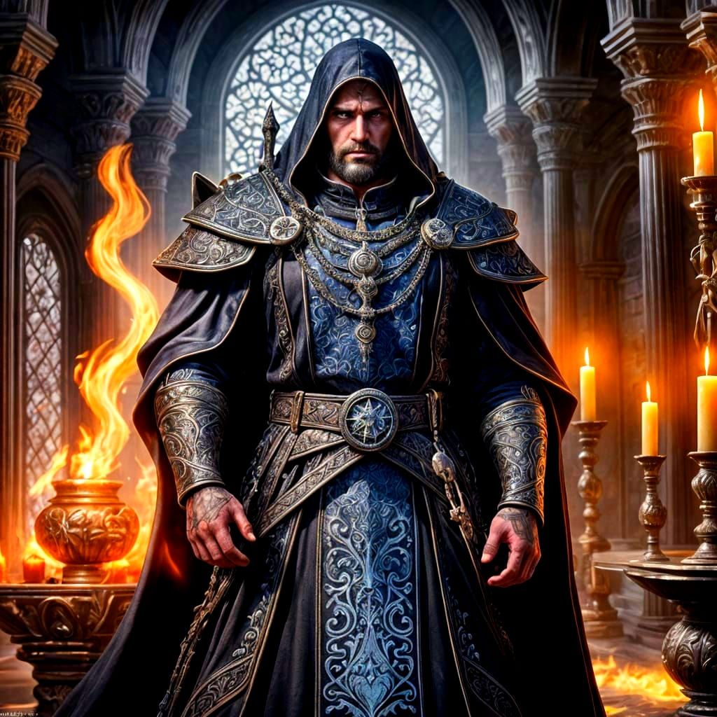 Sorcerer Weaving Magic in Medieval Sanctum: 3D Digital Art