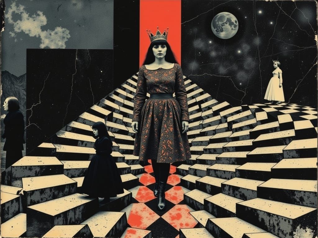 Queen of Hearts in Escher-Klimt Surreal Scene