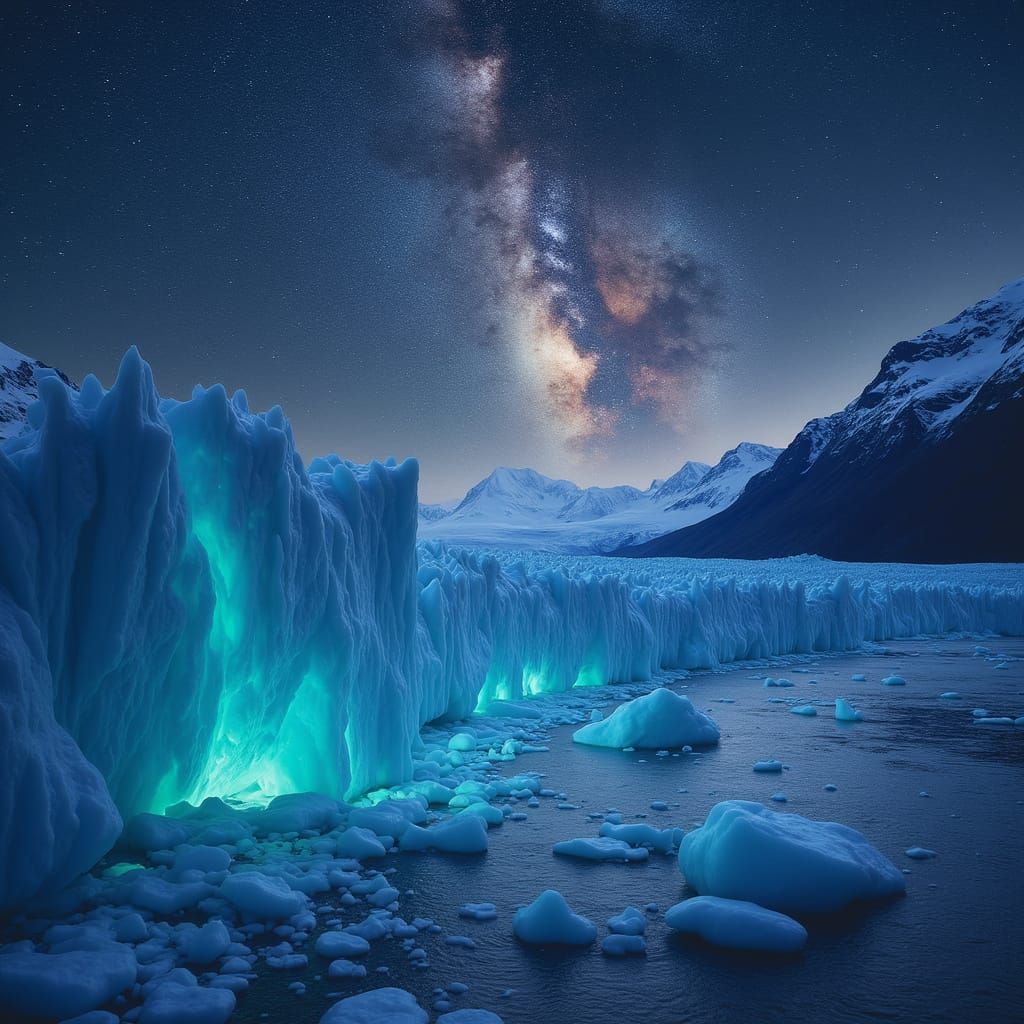 Bioluminescent Glacier Under Starry Galaxy