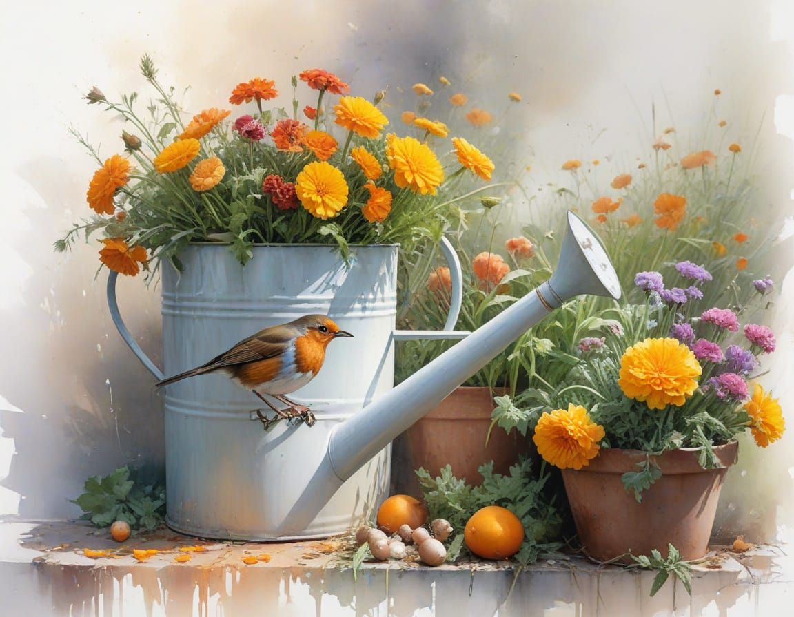 Robin on Watering Can in Misty Garden, Painterly Realism