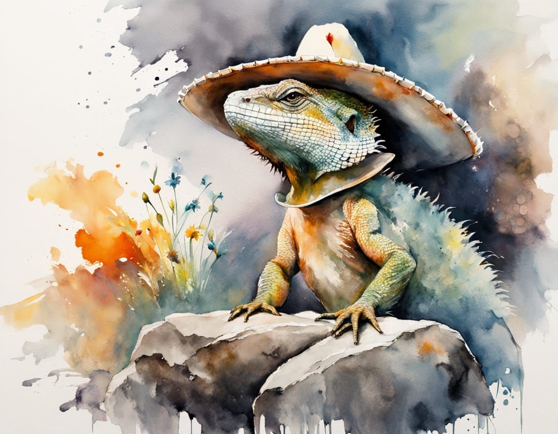 Lizard in Sombrero: Watercolour Forest Scene