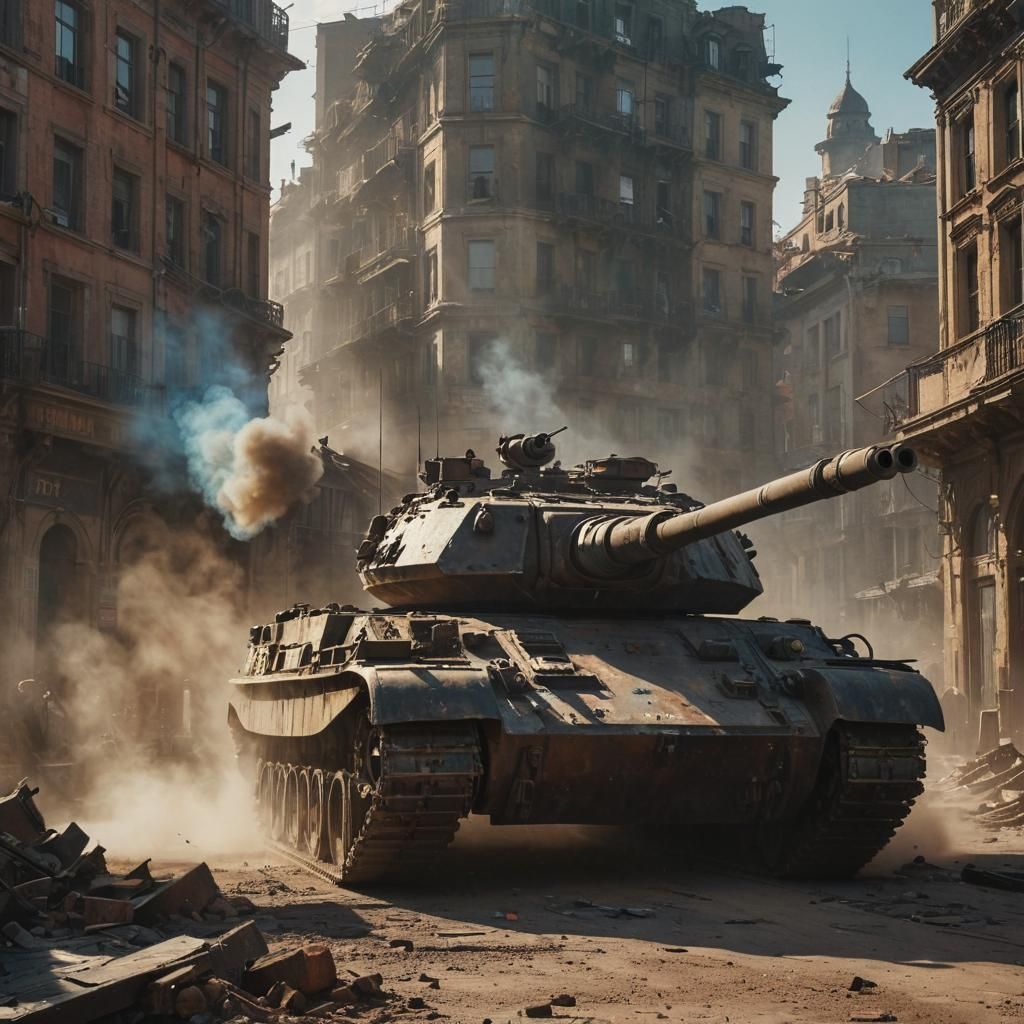 Epic Tank in Ruined City, Cinematic Film Still