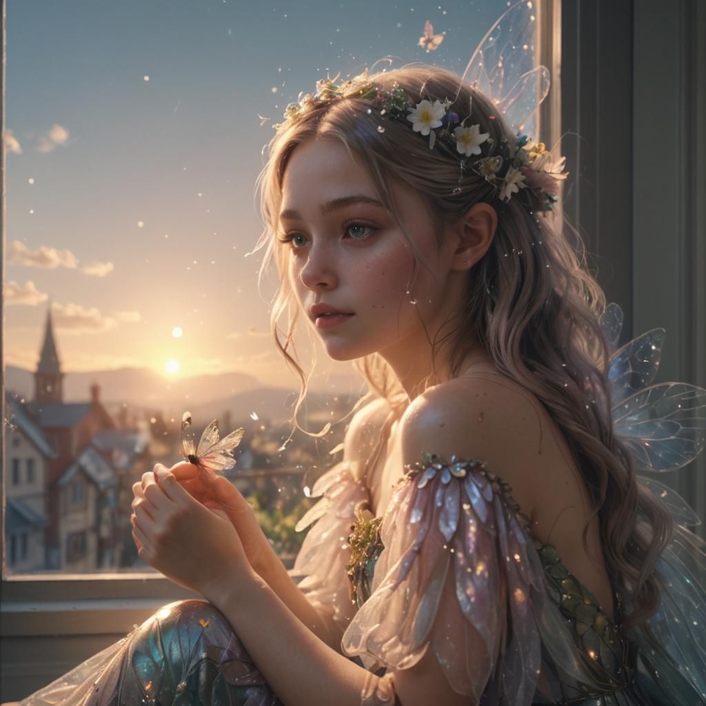 Fairy and Child on Windowsill in Photorealistic Style