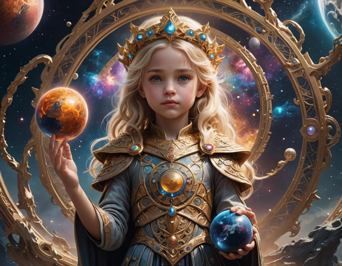 Child Goddess Holding Universe: Detailed Matte Painting