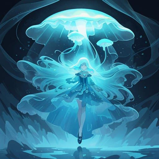 Epic Cinematic Blue Jellyfish Girl Digital Painting