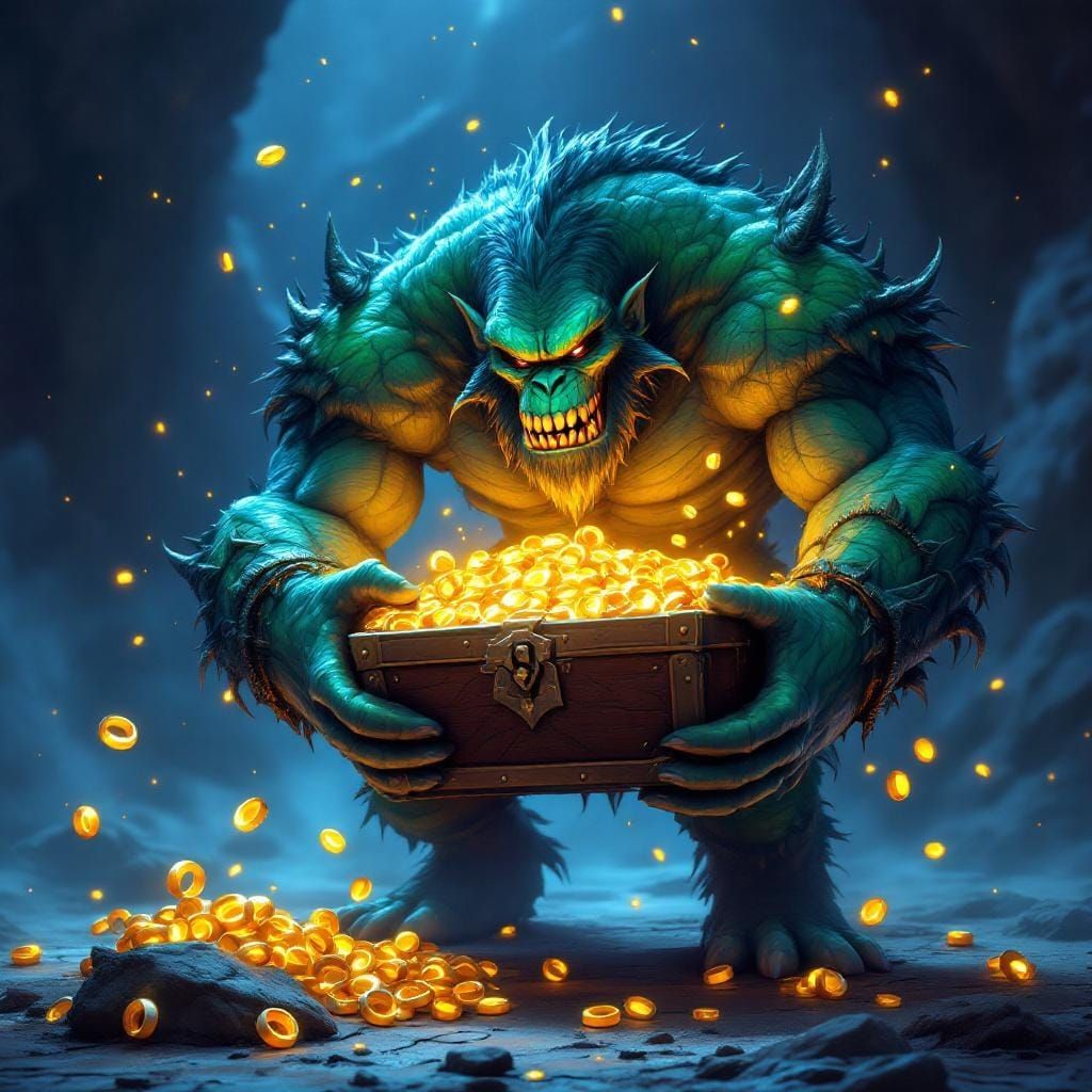 Golem like creature holds  huge treasure chest full with gol...