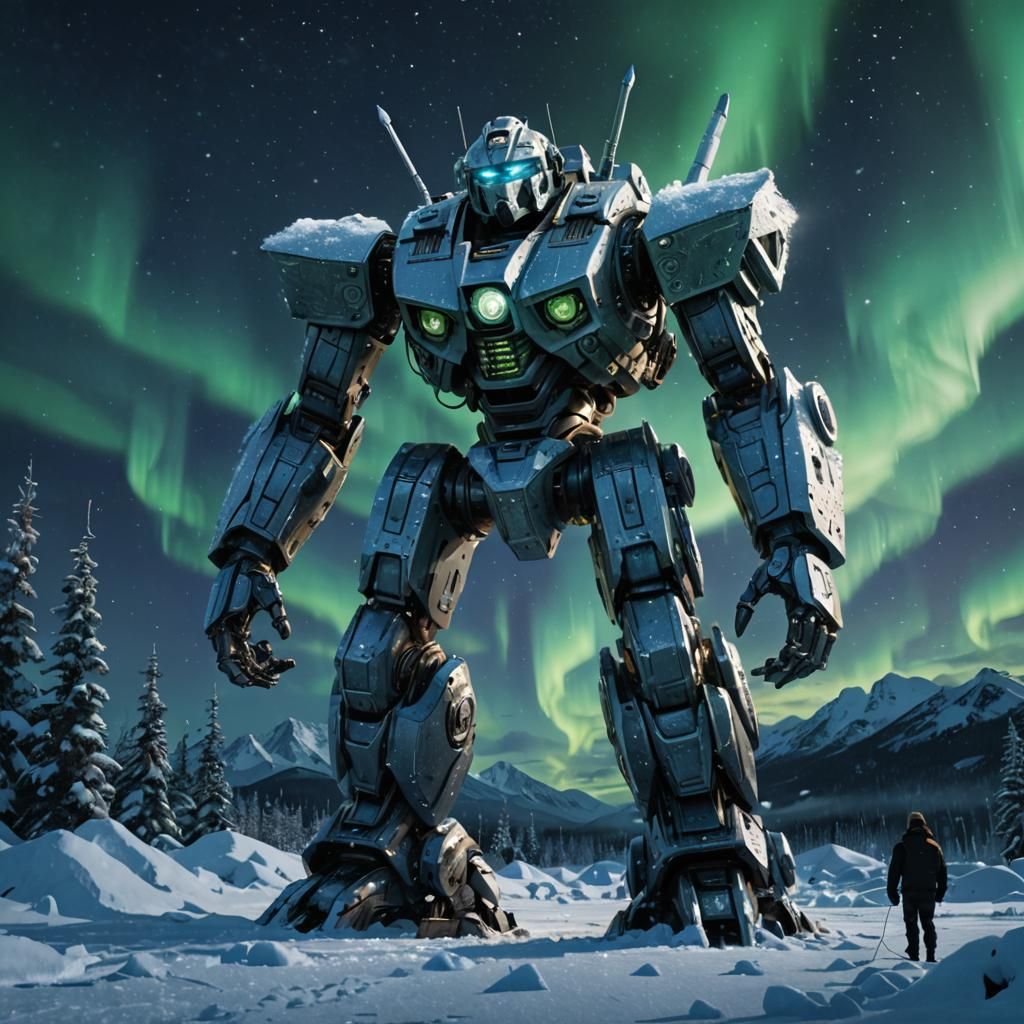 Giant Robot in Frozen Alaskan Wonderland at Night