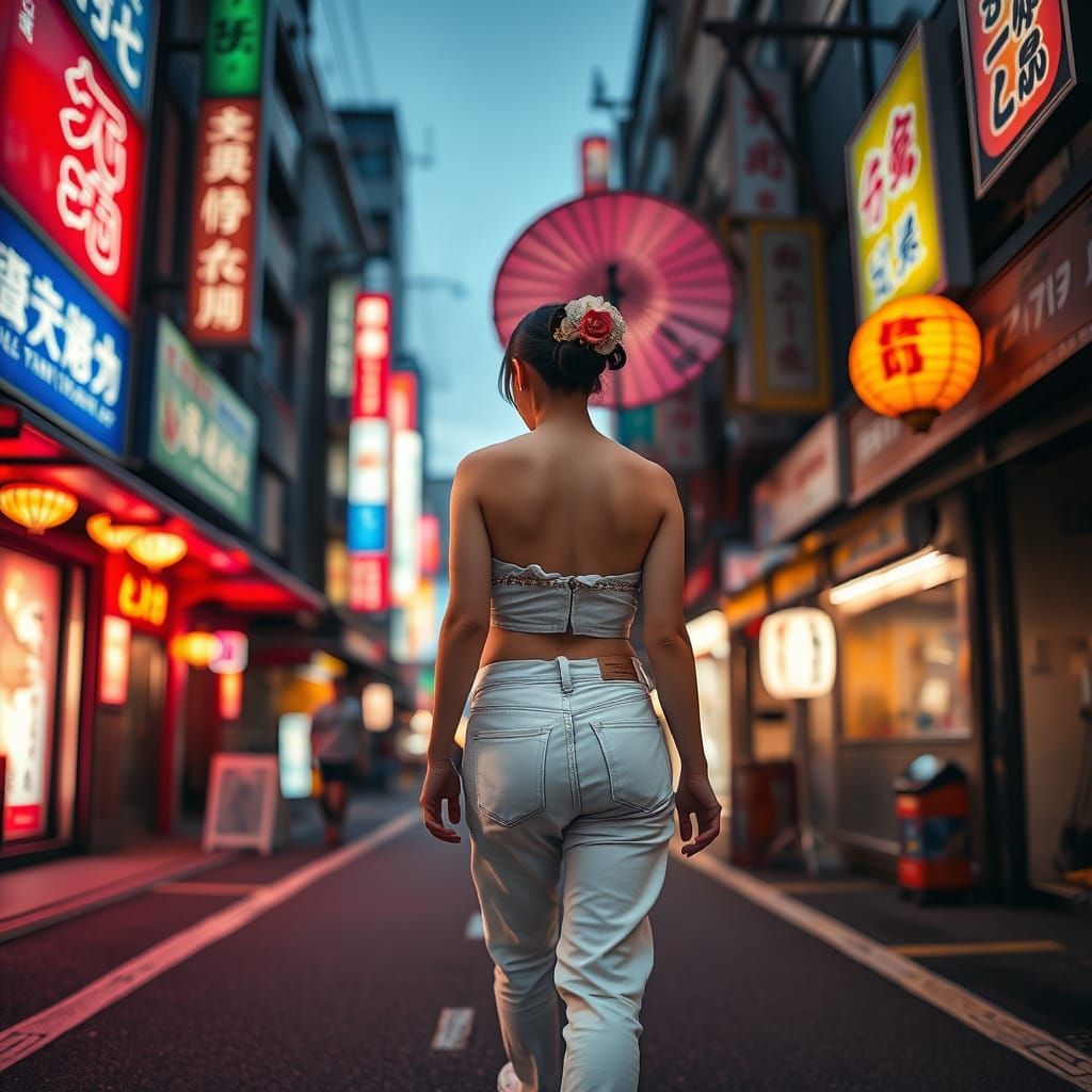 Geisha in Modern Tokyo Street, Photorealistic Style
