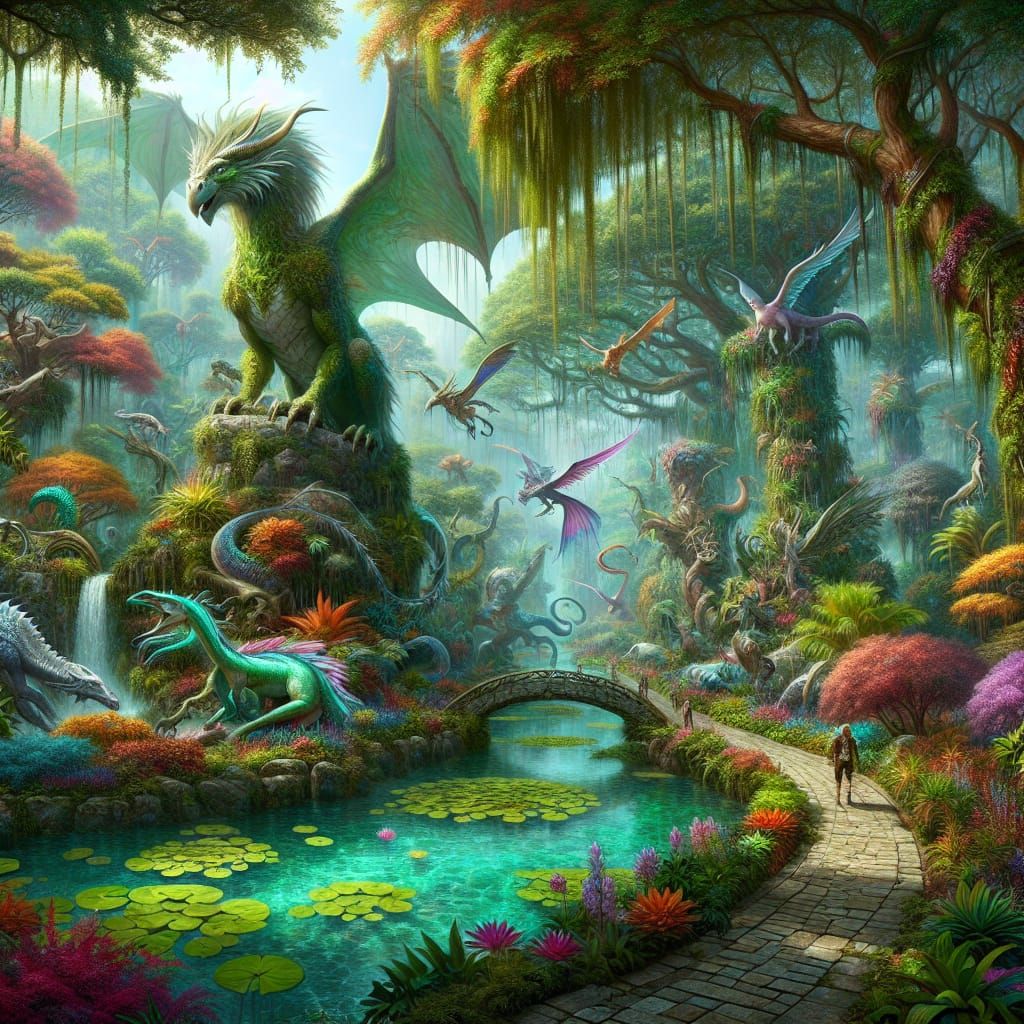 Magical Zoo with Mythical Creatures and Lush Foliage