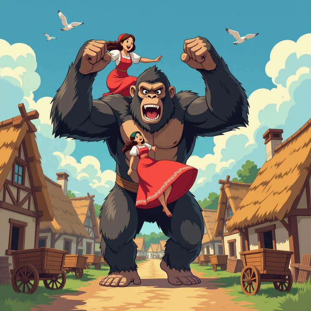 Giant Chimp Rampages Through Medieval Village in Manga Style