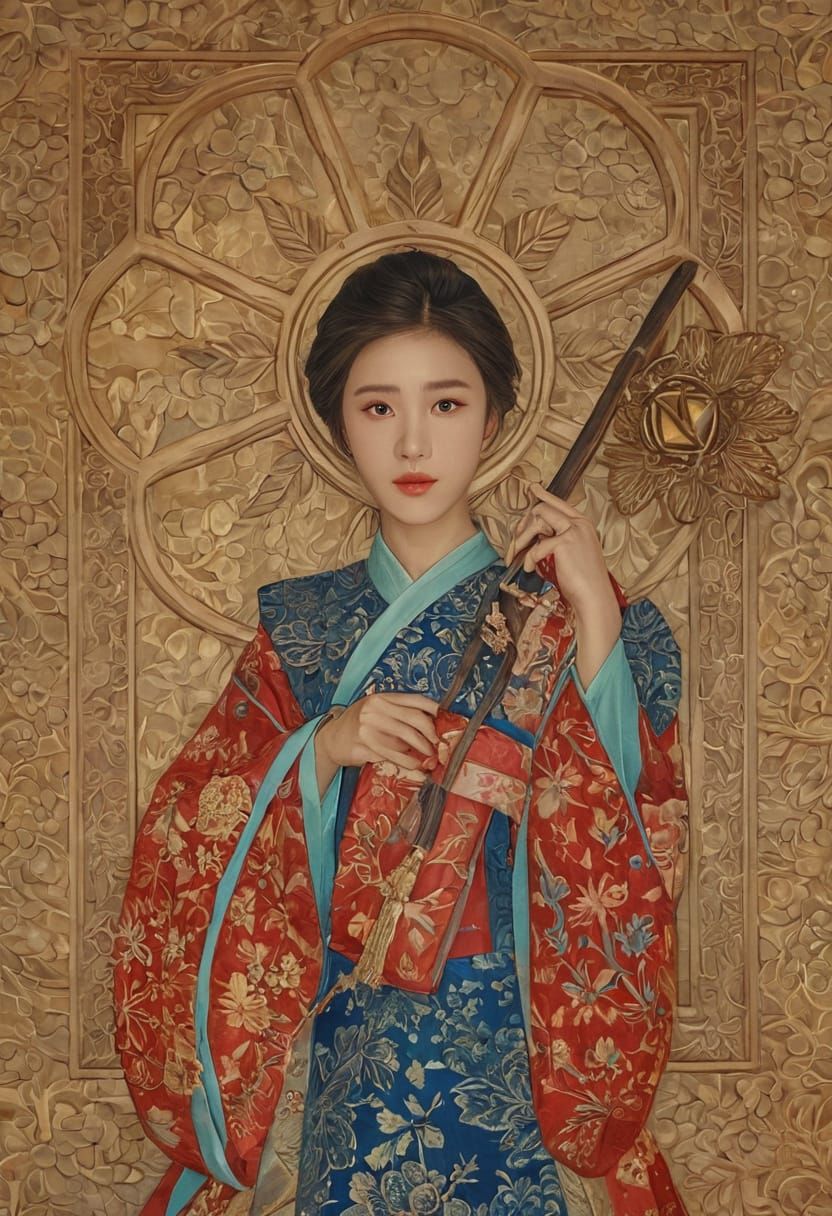 Korean Woman with Lantern in Traditional Painting