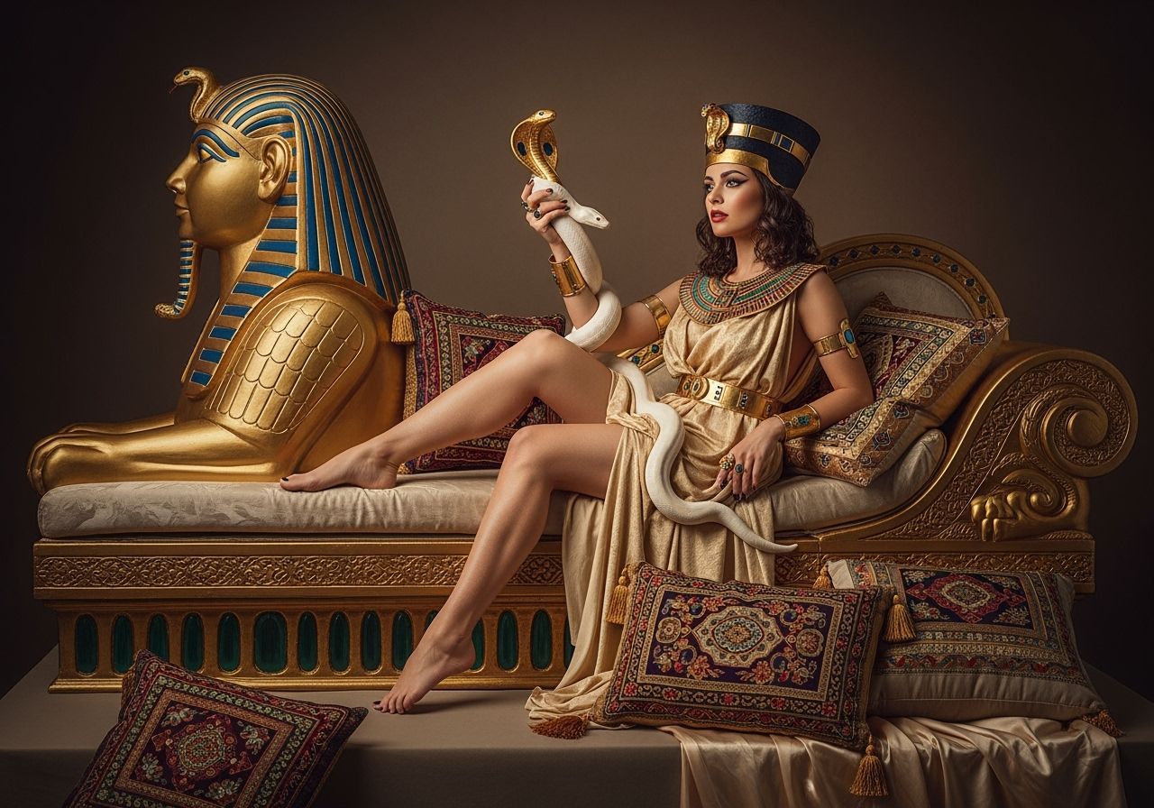 Egyptian Queen Lounging on Gold Sphinx Chaise Longue