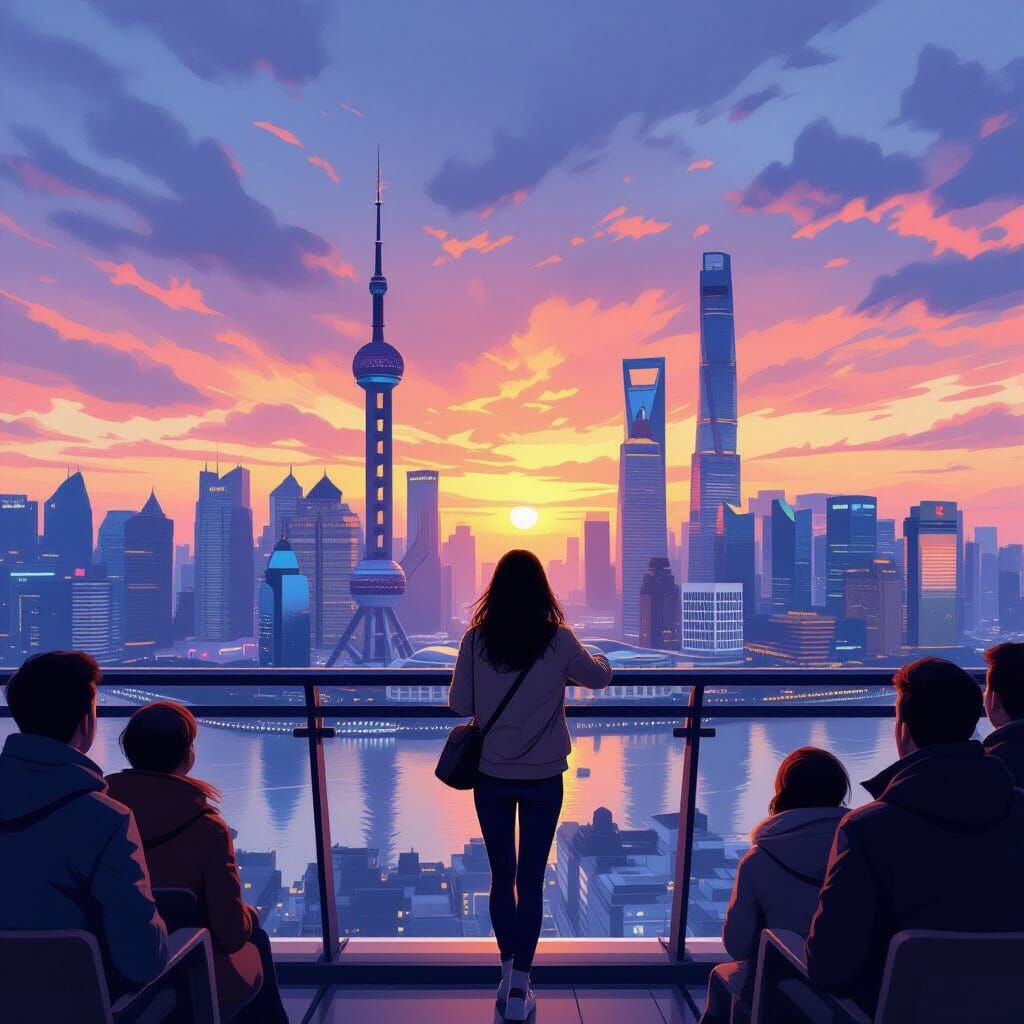 Shanghai Tower Sunset View in Futuristic Style