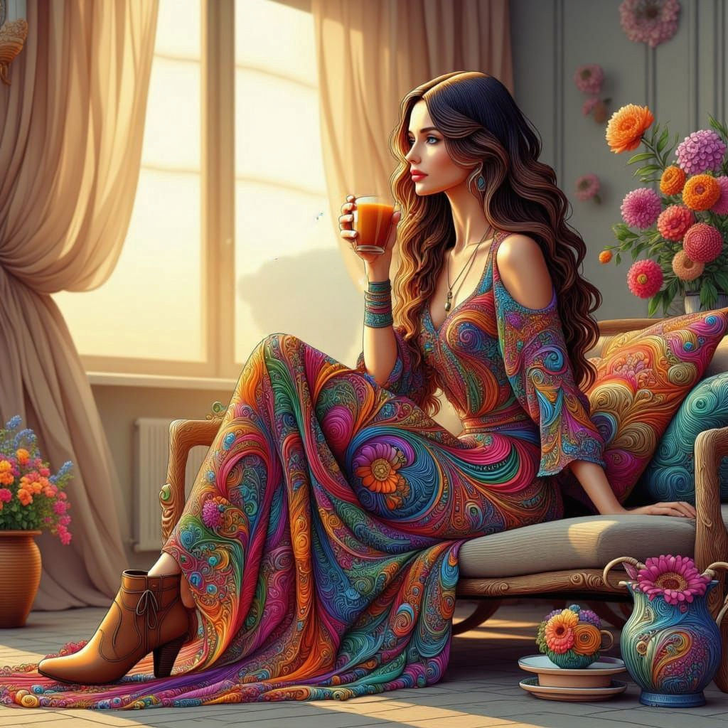 Woman in Boho Dress with Elegant Jewelry, Sunny Sunset