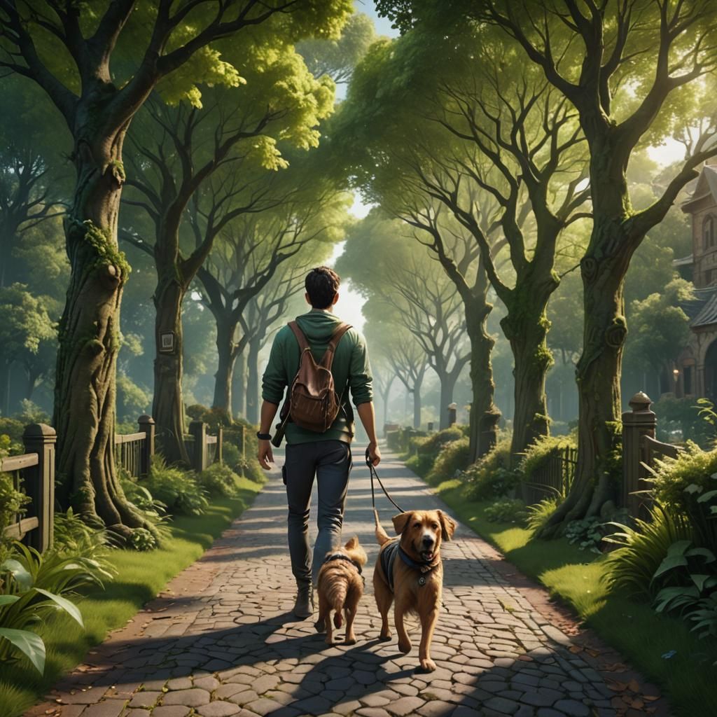 Man and Dog Walking on Forest Path in Detailed Painting