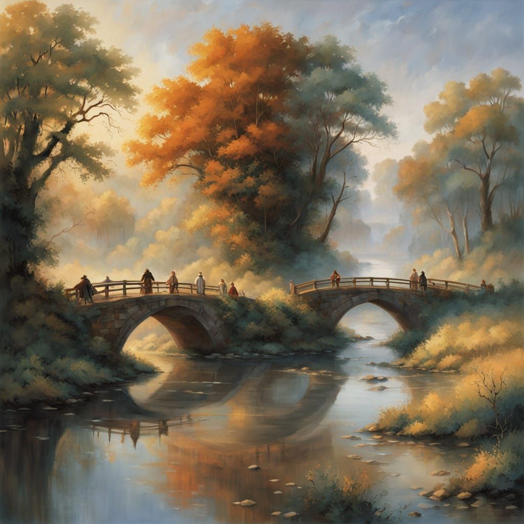 Ancient Stone Bridge in Golden Light, Misty Countryside