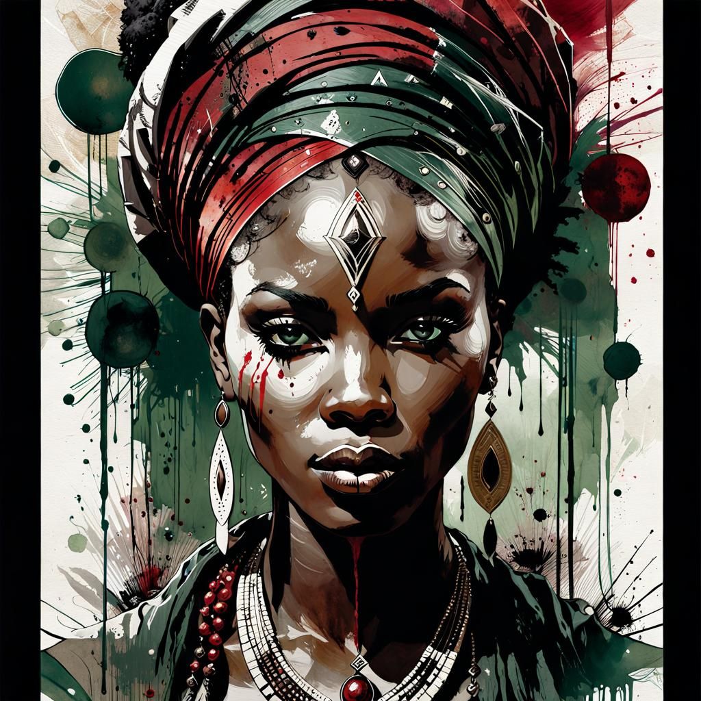 African Medicine Woman Tarot Card in Washed Ink Style
