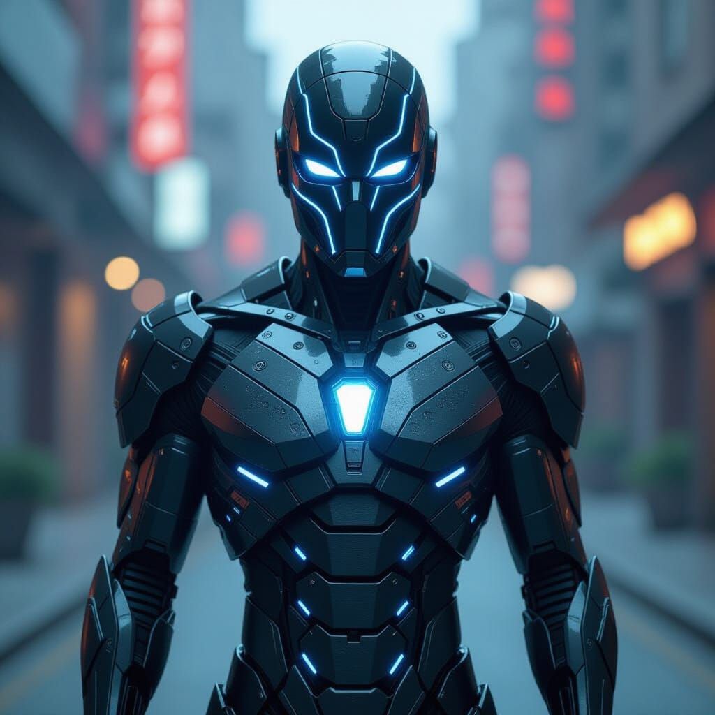 Masked Robotic Superhero in Dystopian Metallic Armor