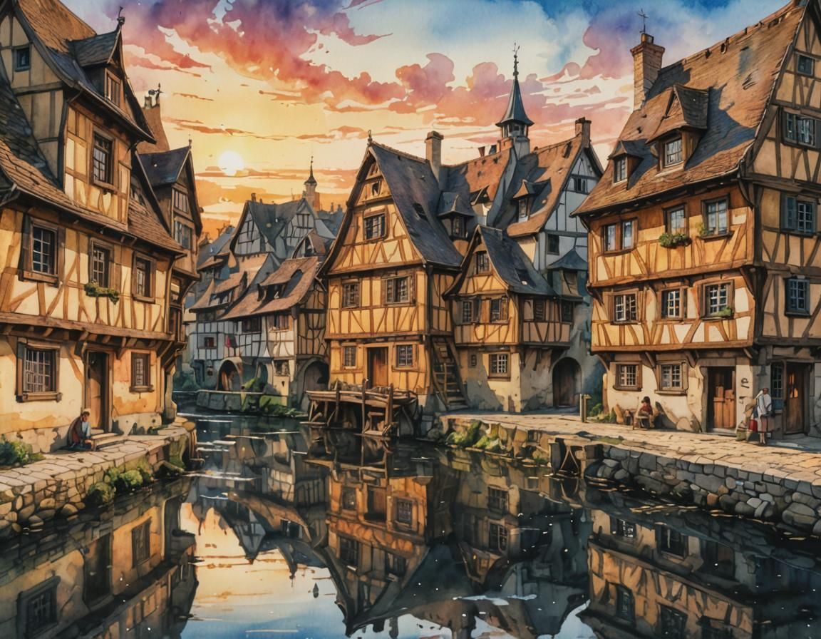 Romantic Village River Scene in Watercolor Style